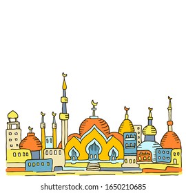 Paisaje del Medio Oriente.Palestina. Calle árabe, ciudad, vista. Tarjeta de saludo de Ramadán. Ciudad islámica con mezquita, minaretes, edificios. Fondo monocromo del doodle. Ilustración vectorial.
