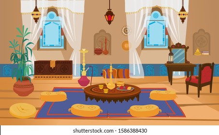 Middle Eastern Living Room Interior With Wooden Furniture And Decoration Elements. Round Low Table With Tea Pot And Pillows, Dressing Table With Armchair, Lanterns With Stained Glass. Cartoon Vector.