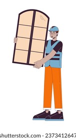 Middle eastern male labourer carrying window 2D linear cartoon character. Arab man contractor isolated line vector person white background. Hardhat workman working color flat spot illustration