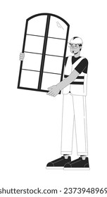 Trabajador masculino del Medio Oriente con una ventana en blanco y negro, personaje de caricatura en 2D. El contratista árabe aisló a la persona del contorno vectorial. Trabajador de Hardhat trabajando en ilustración monocromática plana