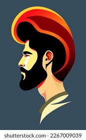 Middle eastern male portrait in profile, 1960s, 1970s, 1980s poster style, retro, futuristic, strong healthy hair, black beard, salon advertising