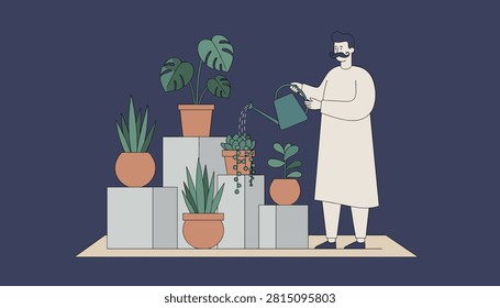 Middle eastern man with a mustache waters various green potted house plants displayed on grey geometric pedestals.