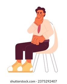 Middle eastern man rubbing chin 2D cartoon character. Brainstorming male office worker sitting on chair isolated vector person white background. Entrepreneur thinking guy color flat spot illustration