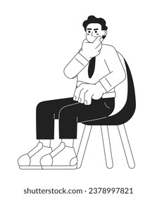 Middle eastern man rubbing chin black and white 2D cartoon character. Brainstorm male office worker sitting on chair isolated vector outline person. Thinking guy monochromatic flat spot illustration