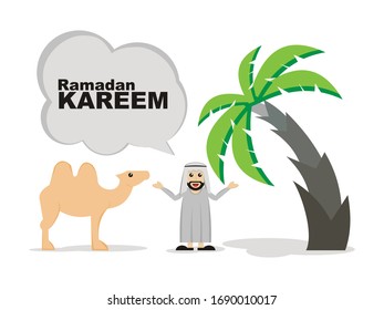 middle eastern man say ramadan kareem with camel and date palm tree