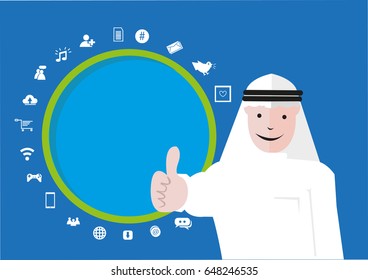 Middle Eastern Man shows a thumbs up sign on a blank sphere with IT icons. Editable Clip Art.