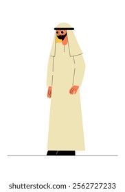 Middle Eastern Man In Traditional Attire Standing In Flat Vector Illustration Symbolizing Culture And Tradition, Isolated On White Background.