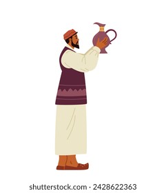 Middle Eastern man in traditional clothes watches ceramic vase flat vector illustration isolated on white.