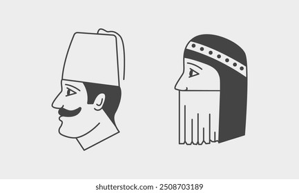 Middle eastern man and woman. Arabian muslim people face collection. Vector illustration