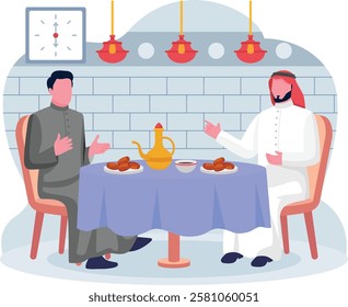 middle eastern mens are on iftar party at cafe concept, Dates and Brotherhood at Evening Meal vector icon design, Ramadan and Eid al-Fitr Banner Muslim fasting month scene Arabic holidays illustration