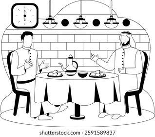 middle eastern mens are on iftar party at cafe concept, Dates and Brotherhood at Evening Meal vector icon design, Ramazan and Eid al-Fitr Banner Muslim fasting month scene Arabic holidays illustration