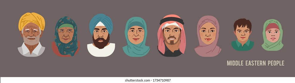 Middle Eastern Muslim People Head Avatar Set. Different Characters. Man Woman And Children Portrait Cartoon Illustration. Children Adult And Older People Faces. Vector Illustration.