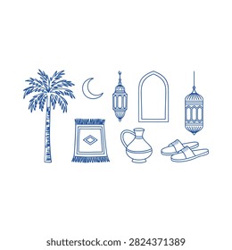 Middle eastern objects collection blue line art on white background