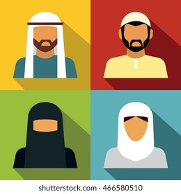 Middle Eastern people avatar on color background with long shadow. Vector illustration
