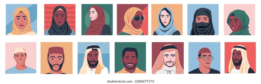Middle eastern people avatars. Man and woman portraits for user profiles, cartoon arabian male and female characters diverse race concept. Vector set of female and male islamic illustration