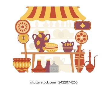 Middle eastern pottery street stall with awning flat vector illustration isolated on white. Authentic ceramics shop. 