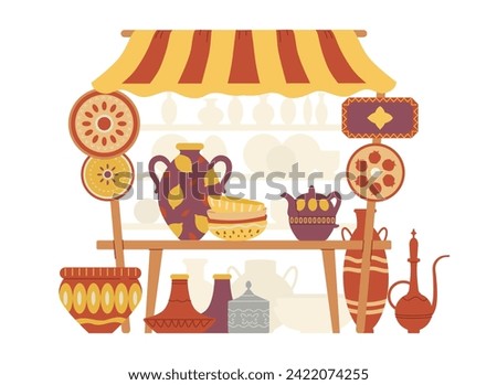 Middle eastern pottery street stall with awning flat vector illustration isolated on white. Authentic ceramics shop. 