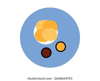 Middle Eastern roti canai made from wheat, cartoon vector illustration of Asian street food.