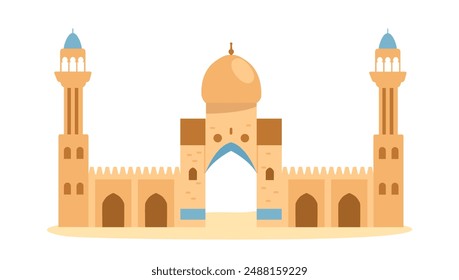 Middle Eastern sandstone castle wall with gates and towers. Islamic architecture element. Ancient gates. Flat vector illustration isolated on white.