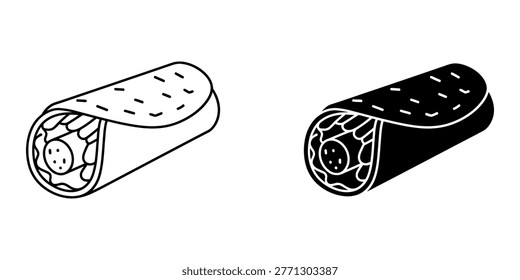 Middle eastern shawarma kebab roll illustration in paper packaging, authentic street food icons for fast food branding, minimalist line and solid black food symbols for web and print media.