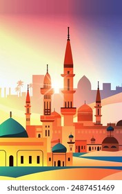 Middle Eastern skyline with minarets and domes colorful sunset background cityscape with architectural landmarks and palm trees travel concept design