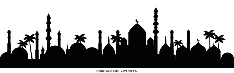 Horizonte del Medio Oriente. Silueta simple del horizonte del Medio Oriente para los Anuncios, los carteles, las cubiertas. Silueta musulmana, islámica. Ilustración vectorial