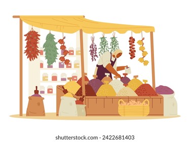 Middle Eastern spices and herbs street shop with woman seller putting spices in a bag flat vector illustration isolated on white.