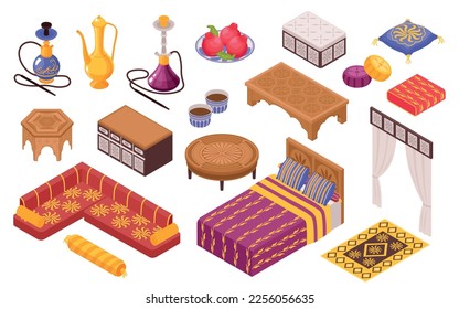 Middle eastern style furniture set with sofa and hookah isometric isolated vector illustration