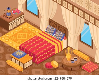 Middle eastern style interior background with oriental furniture isometric vector illustration