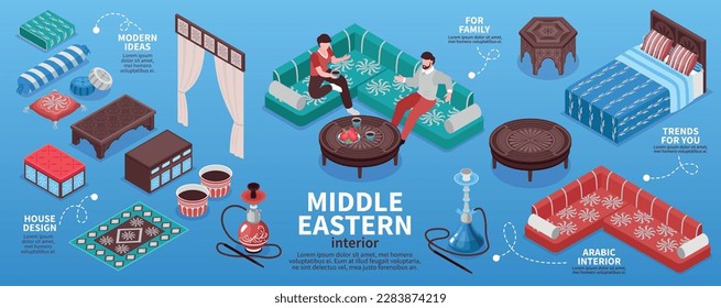 Middle eastern style interior infographic set with furniture design isometric vector illustration