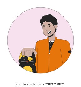 Middle eastern teen boy petting cat 2D line vector avatar illustration. Arab young man scratching kitty domestic outline cartoon character face. Pet owner male flat color user profile image isolated