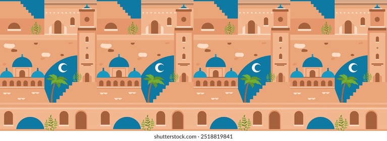 Middle Eastern town pattern. Repeating design element for printing on fabric. Architecture in morocco traditional style. East asian buildings and mosque. Flat vector illustration