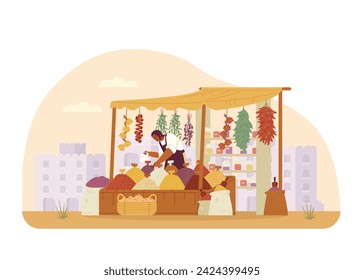 Middle Eastern traditional spices and herbs street shop with woman seller and ancient city at the background flat vector illustration.