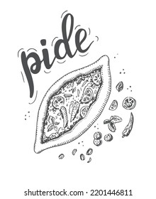 Middle Eastern and Turkish food, Pide or Pita, lettering and vector sketch.