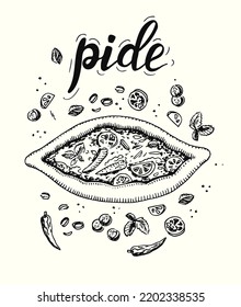 Middle Eastern and Turkish food, Pide or Pita, lettering and vector sketch.