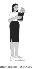 Middle eastern woman event coordinator clipboard planning black and white 2D line character. Business casual female organizer isolated vector outline person. Monochromatic spot illustration