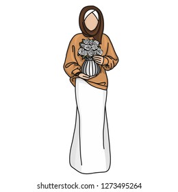 Middle Eastern woman in hijab (tradicional muslim cloth). Girl in maxi skirt. Muslim woman. Hijab vector illustration. Islamic girl. Isolated illustration on white background.