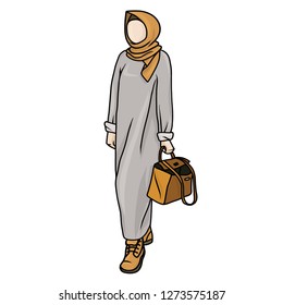 Middle Eastern woman in hijab (tradicional muslim cloth). Islamic girl. Isolated vector illustration. Muslim woman. Girl in maxi dress. Grey and mustard colors in clothes. 