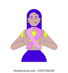 Middle eastern woman holding pink ribbon awareness 2D cartoon character. Breast cancer survivor female arab young adult isolated person flat vector on white background. Spot illustration colorful