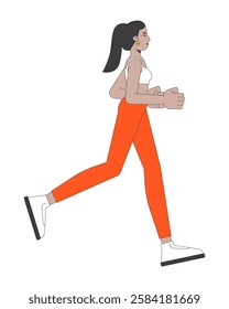 Middle eastern woman jogging in leggings 2D cartoon character. Active female runner in sneakers and ponytail hairstyle isolated person flat vector on white background. Spot illustration colorful