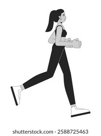 Middle eastern woman jogging in leggings black and white 2D line character. Active female runner in sneakers and ponytail hairstyle isolated vector outline person. Monochromatic spot illustration