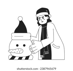 Middle eastern woman making snowman black and white 2D cartoon character. Wearing santa hat arab female isolated vector outline person. Christmastime decoration monochromatic flat spot illustration