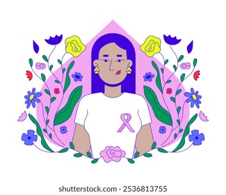 Middle eastern woman promoting breast cancer awareness 2D illustration concept. Mammogram campaign. Turkish female with pink ribbon cartoon character isolated on white. Metaphor abstract flat vector