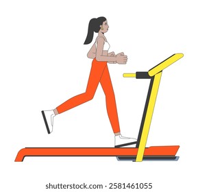 Middle eastern woman running on treadmill 2D cartoon character. Exercise machine. Athletic female wearing leggings top isolated person flat vector on white background. Spot illustration colorful