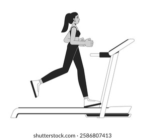 Middle eastern woman running on treadmill black and white 2D line character. Exercise machine. Athletic female wearing leggings top isolated vector outline person. Monochromatic spot illustration