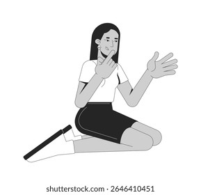 Middle eastern woman in sitting pose expressing herself through sign language 2D line character. Thoughtful girl gesturing isolated vector ink outline person. Monochromatic spot illustration