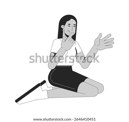 Middle eastern woman in sitting pose expressing herself through sign language 2D line character. Thoughtful girl gesturing isolated vector ink outline person. Monochromatic spot illustration