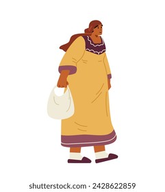 Middle Eastern woman walking holding a bag flat vector illustration isolated on white.