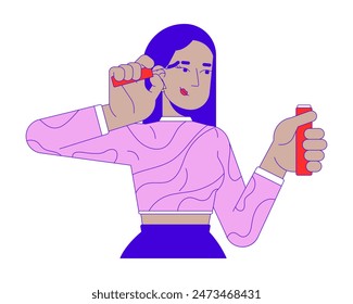 Middle eastern young woman mascara applying 2D linear cartoon character. Arab female eyelashes brushing isolated line vector person white background. Makeup artist color flat spot illustration