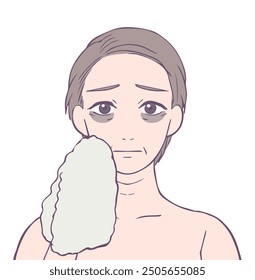 Middle female upper body with dark circles and troubled face, Beauty Illustration